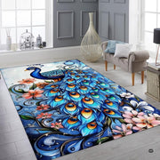 Decorative area rug showcasing turquoise bird feathers and blossoming flowers beneath an accent side table. - thumbnail image 6 of 8