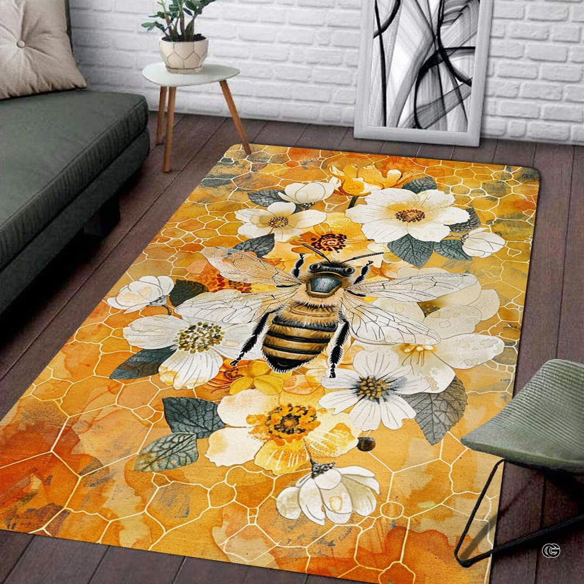 Living room mockup highlighting the golden honeycomb and white floral blossoms bee print rug - image 2 of 8