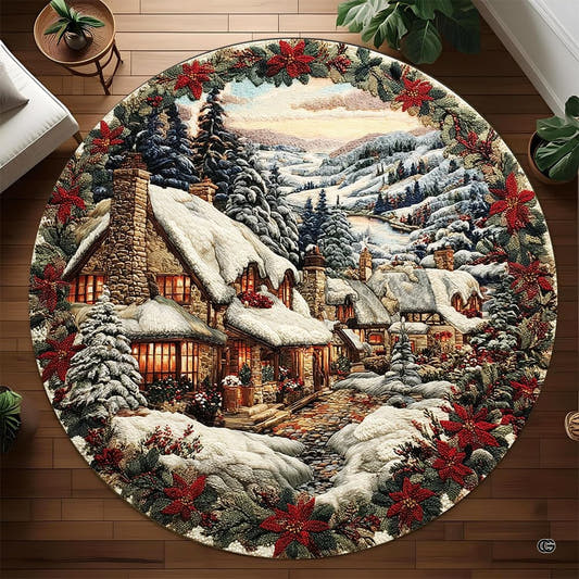 Overhead view of a round winter village cottage scene area rug with poinsettia border on wood floor.