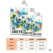 Overhead view of dynamic soccer area rug with vivid athletic watercolor graphic on white backdrop. - thumbnail image 2 of 8