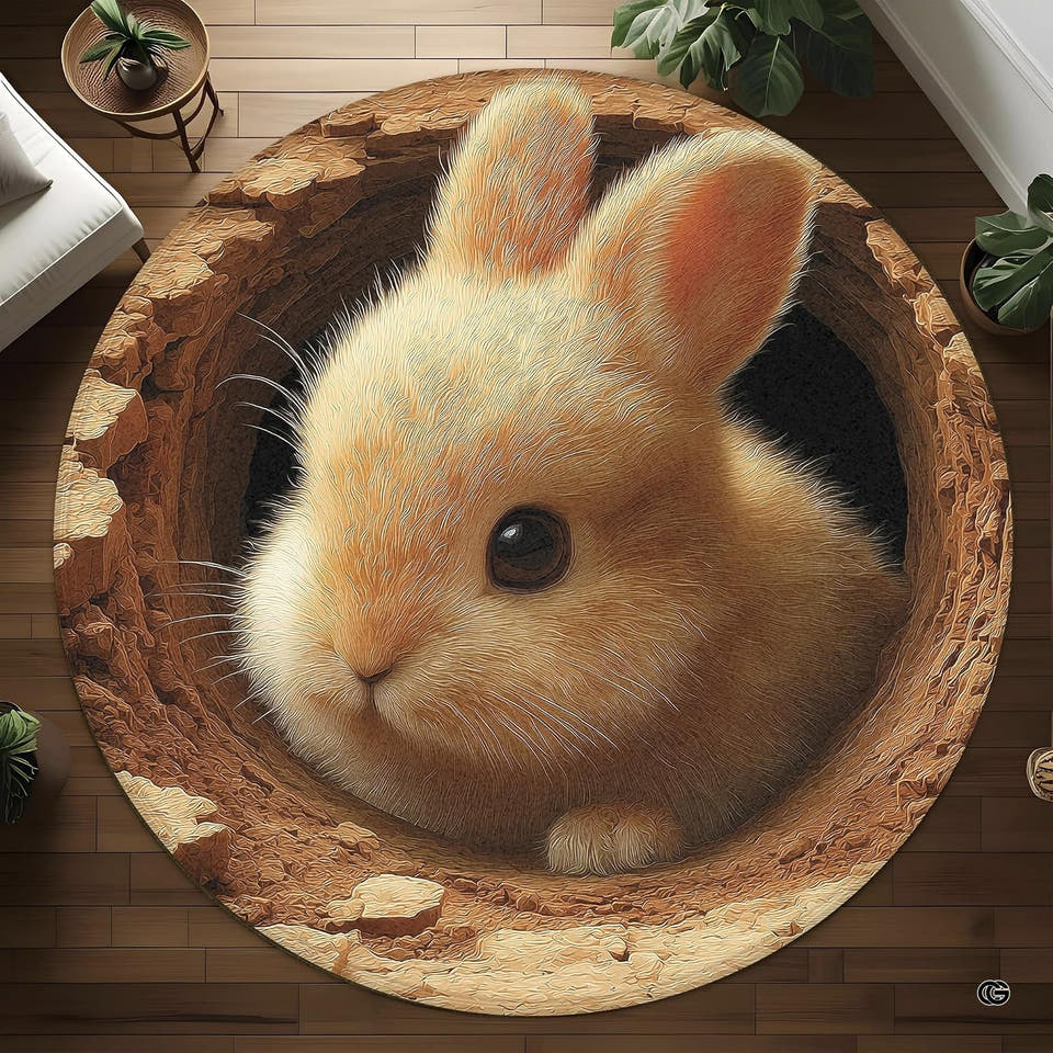 Round area rug with 3D illusion of cute bunny in a burrow on wood floor