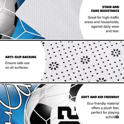 Infographic showing the non-skid dot backing and edge stitching of the sports rug - thumbnail image 4 of 7