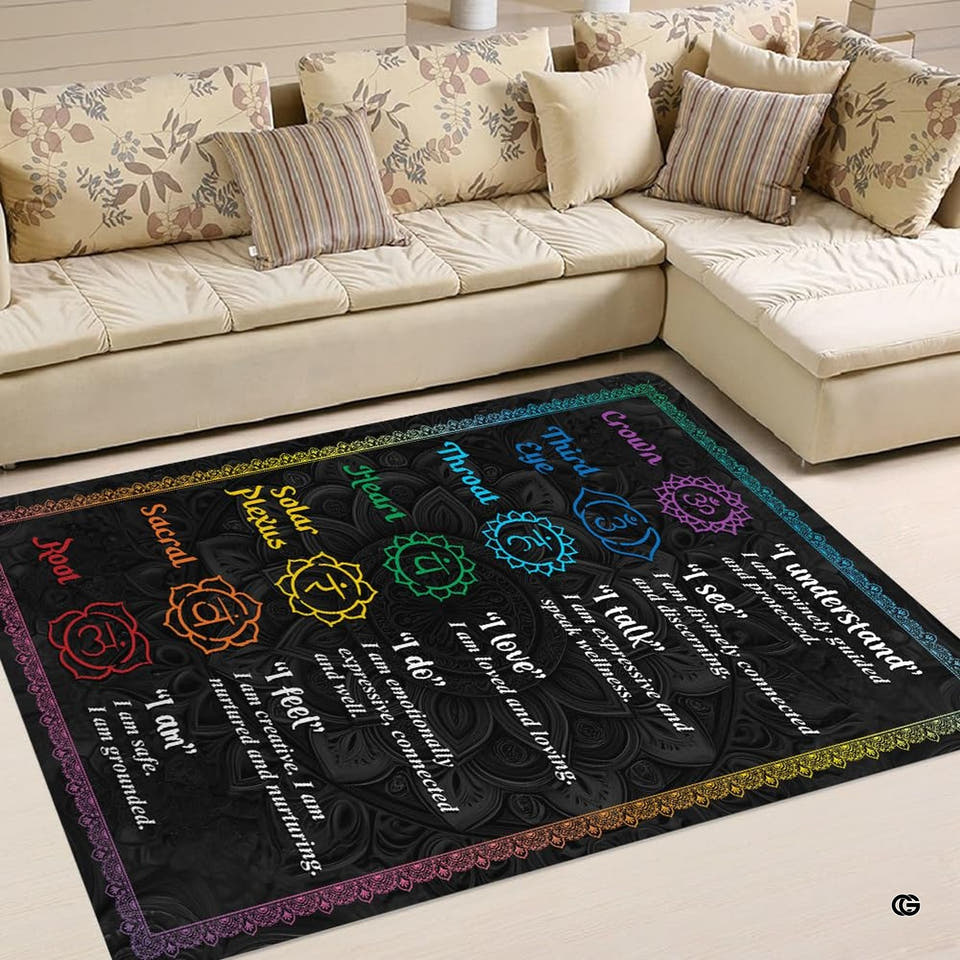 Seven chakras sacred geometry chakra area rug with colorful lotus mandala symbols in a quiet sanctuary.