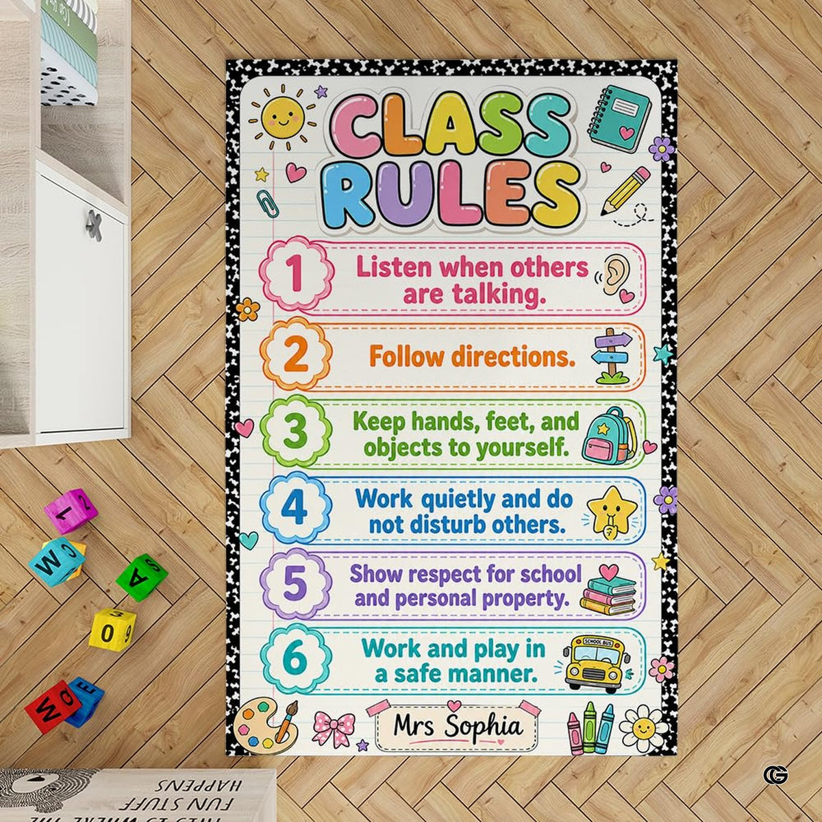 Dimension chart displaying size options for class rules kids area rug. - image 2 of 7