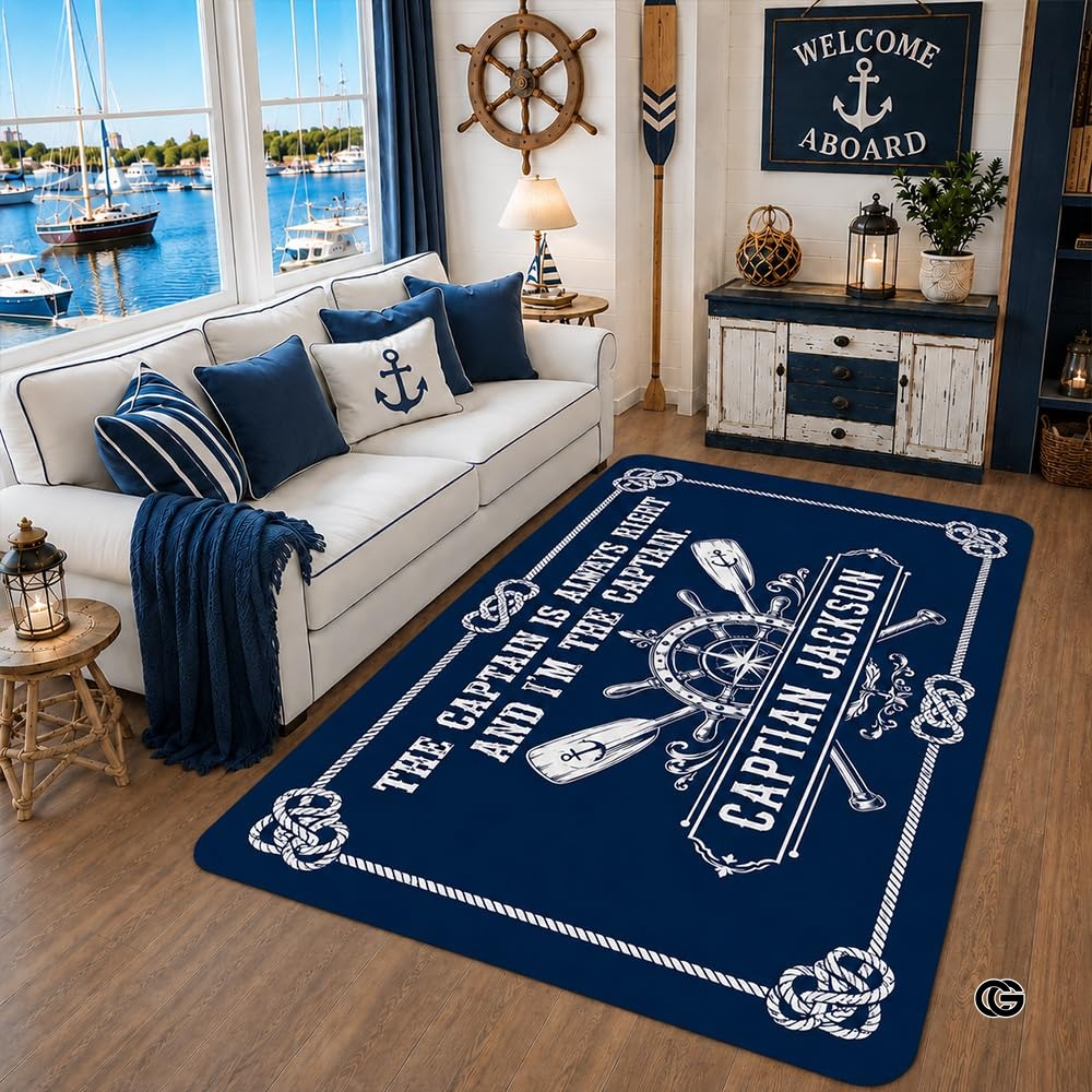 Custom Boat Rug, Personalized Welcome Aboard Mat with Boat Name, Nautical Area Rug for Deck, Entryway or Floor, Anchor Marine Decor, Boating Gift (Boat Rug 08)