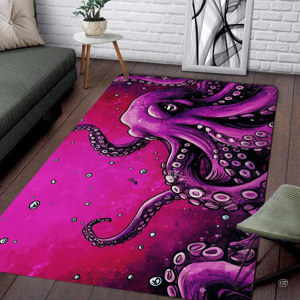 Kraken sea monster area rug displaying magenta tentacles and floating bubbles across a deep purple background. - image 1 of 7