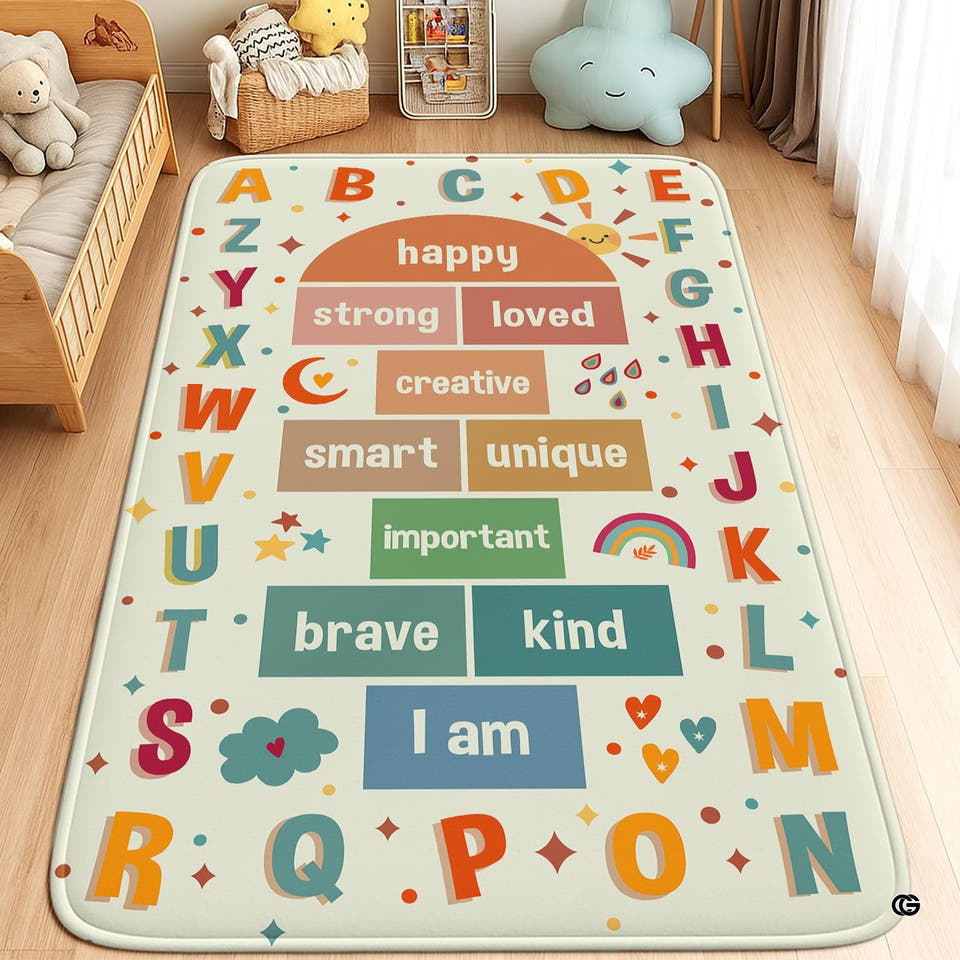 Alphabet educational area rug showcasing colorful letter border and central affirmation blocks on off-white ground.