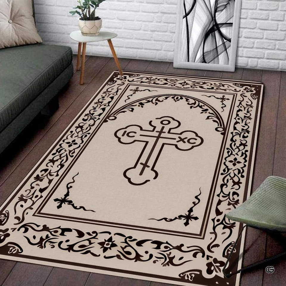 Beige Christian cross rug with dark brown floral border in a living room