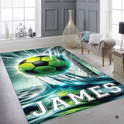 Soccer ball field art rug styled in an athletic lounge setting under ambient lighting. - thumbnail image 6 of 8