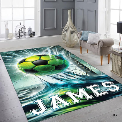 Soccer ball field art rug styled in an athletic lounge setting under ambient lighting. - thumbnail image 6 of 8