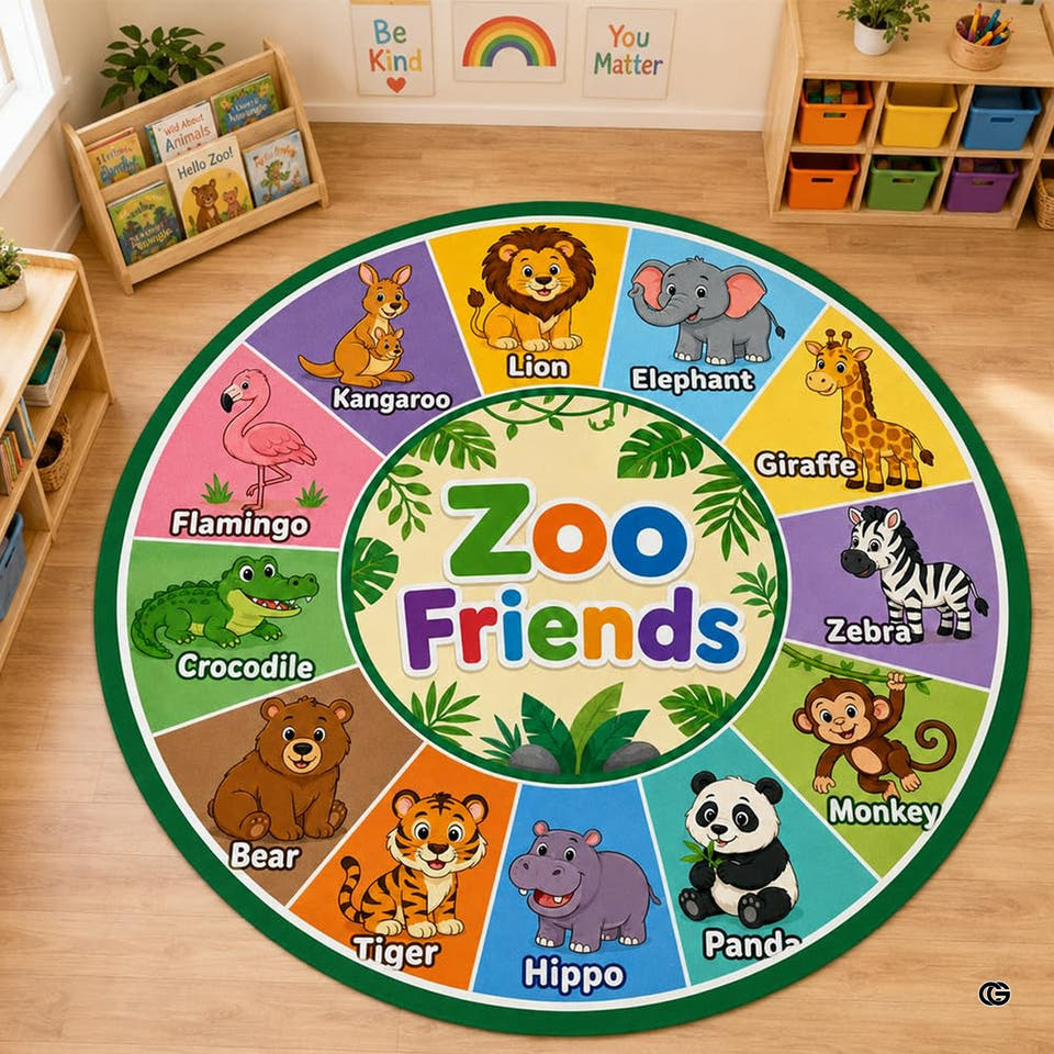 Circular animal alphabet classroom area rug with radial safari wildlife segments and dark green border.