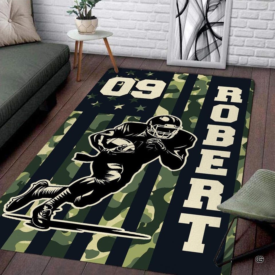 Football camo bedroom rug area rug with diving athlete silhouette and tactical star stripes.
