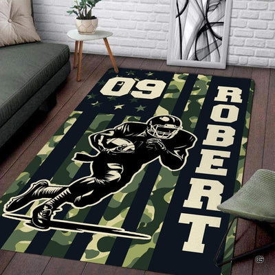 Football camo bedroom rug area rug with diving athlete silhouette and tactical star stripes.