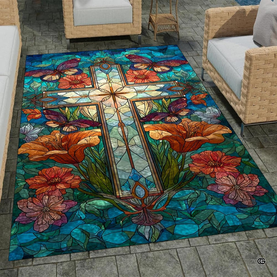 Stained glass cross area rug with colorful lilies and butterflies displayed on floor