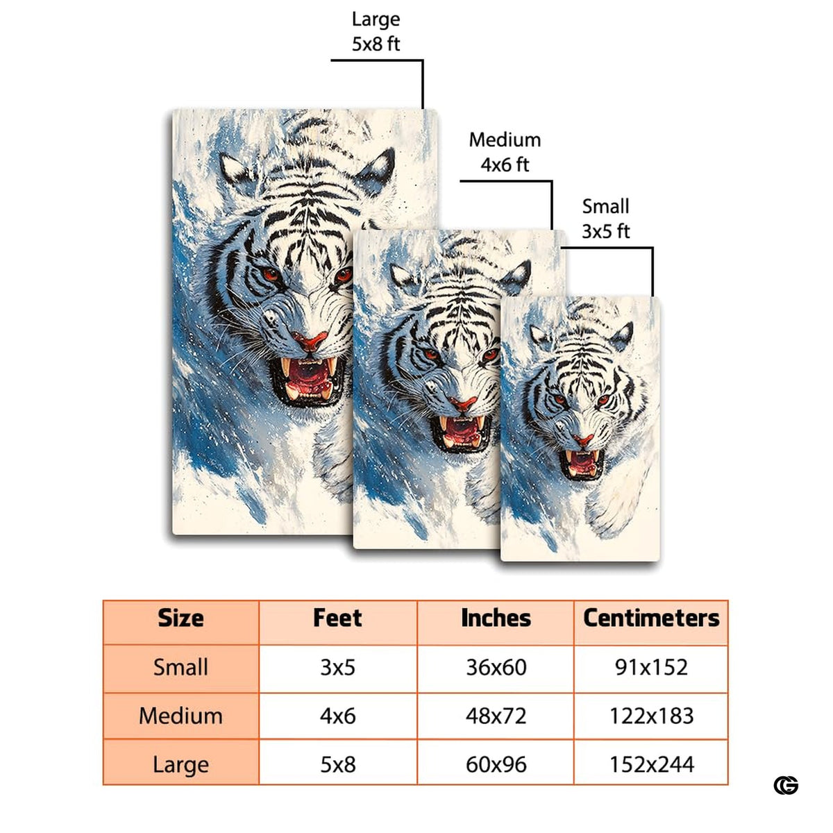 Dimensions and sizing chart for icy blue watercolor roaring white tiger area rug