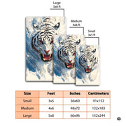 Dimensions and sizing chart for icy blue watercolor roaring white tiger area rug - thumbnail image 2 of 7