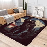 Modern lounge interior with leather couch and cactus featuring waving sasquatch flag mountain rug - thumbnail image 2 of 5
