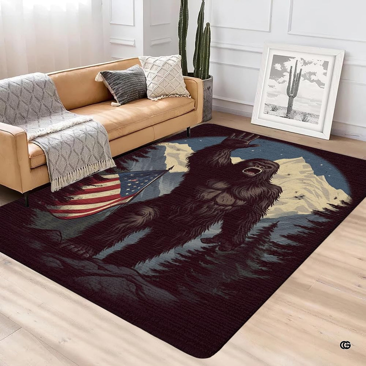 Modern lounge interior with leather couch and cactus featuring waving sasquatch flag mountain rug - image 2 of 5
