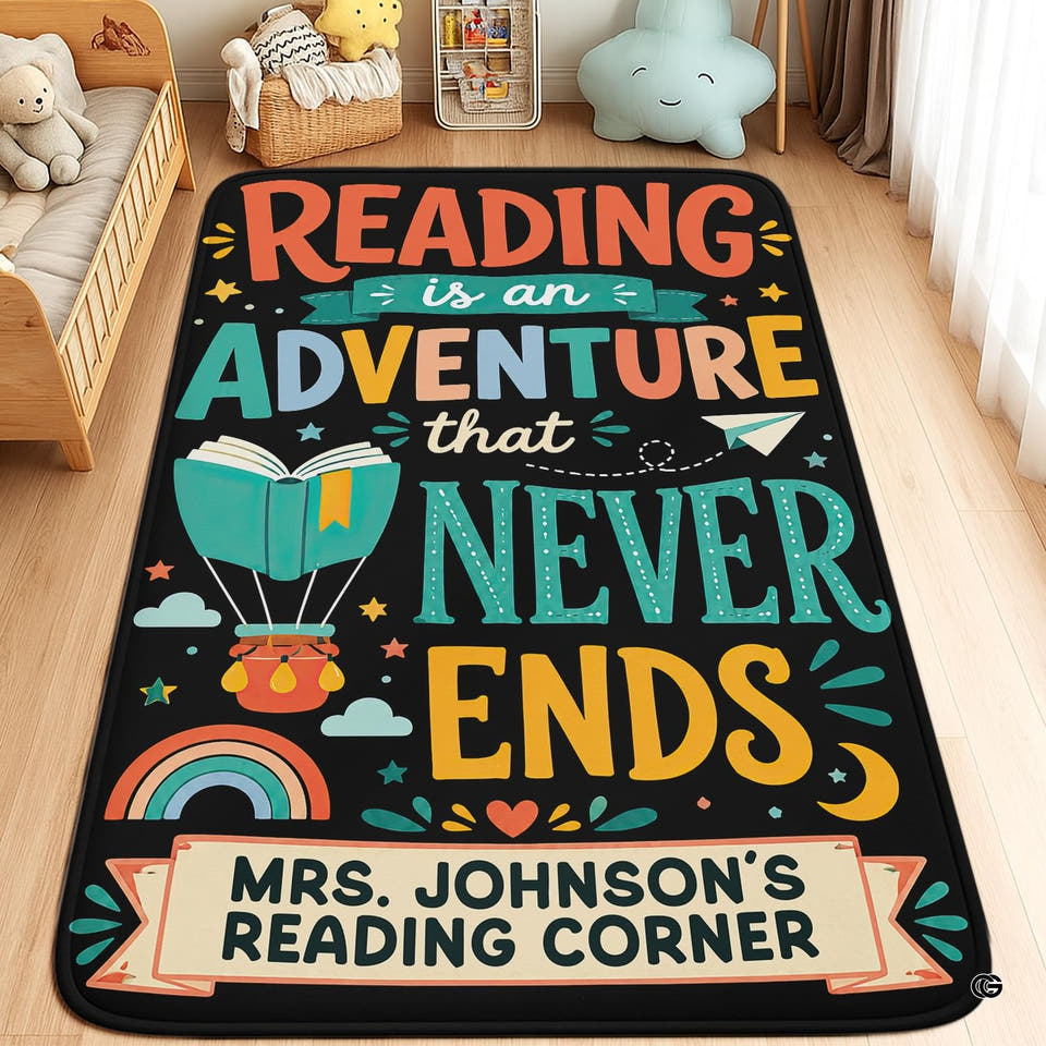 Classroom area rug with colorful books, pencils, and bright stars on a dark background.