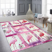 Overhead view showcasing the complete geometric flamingo quilt grid composition. - thumbnail image 6 of 7