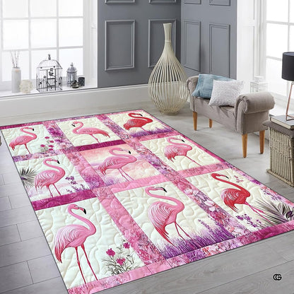 Overhead view showcasing the complete geometric flamingo quilt grid composition. - thumbnail image 6 of 7