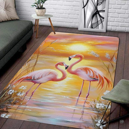 Scenic area rug showcasing two pink flamingos standing in shallow water during a glowing sunset with wild grasses. - thumbnail image 1 of 7