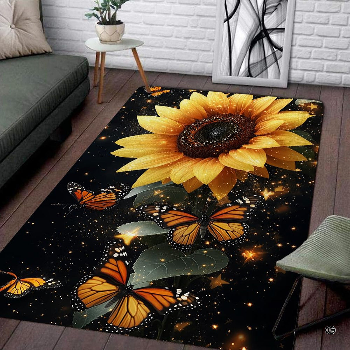 Golden sunflower and monarch butterfly rectangular area rug.