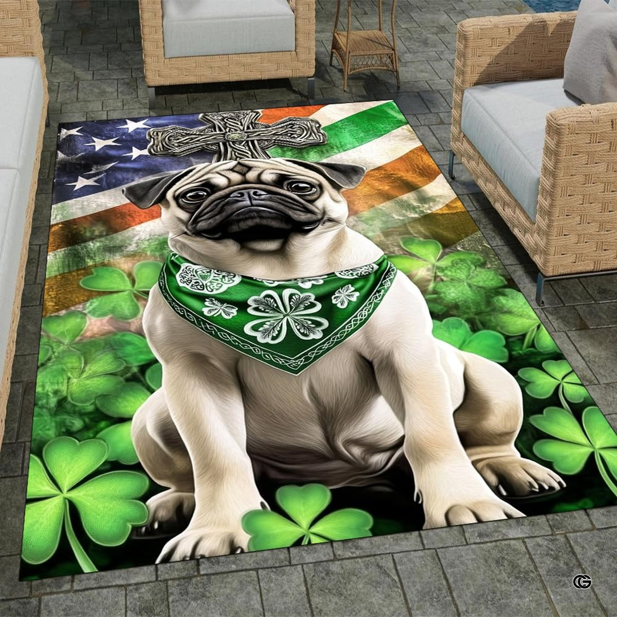 Home lounge setup displaying the Celtic cross pug clover floor carpet