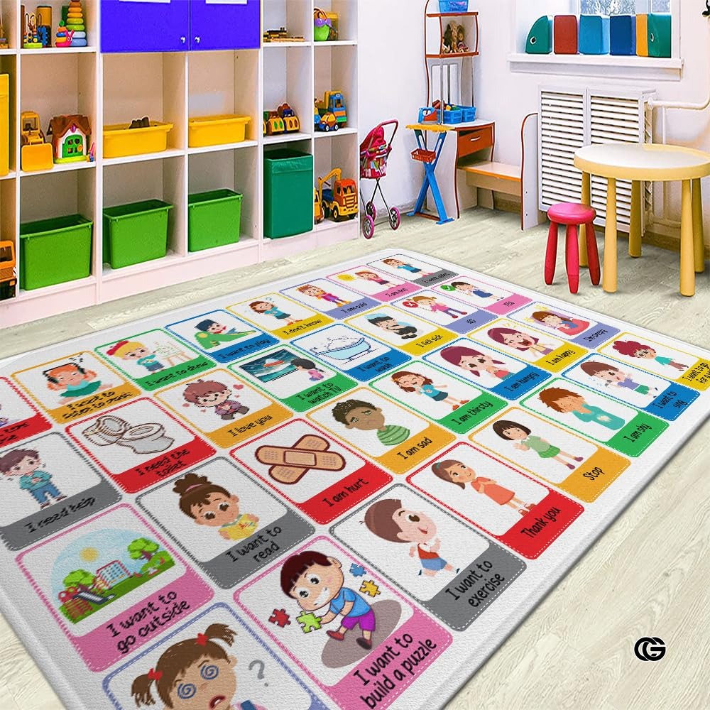 Core Vocabulary Rug, Communication Rugs for Kids Sped Classroom Rug, Autism Carpet, Speech Therapist Decor, Classroom Carpet, Back to School Mat for Kids Room Decor (STYLE-DS03, X-Small (2x3 feet))