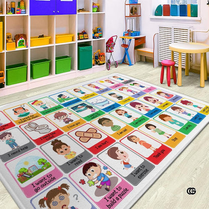 Core Vocabulary Rug, Communication Rugs for Kids Sped Classroom Rug, Autism Carpet, Speech Therapist Decor, Classroom Carpet, Back to School Mat for Kids Room Decor (STYLE-DS03, X-Small (2x3 feet))