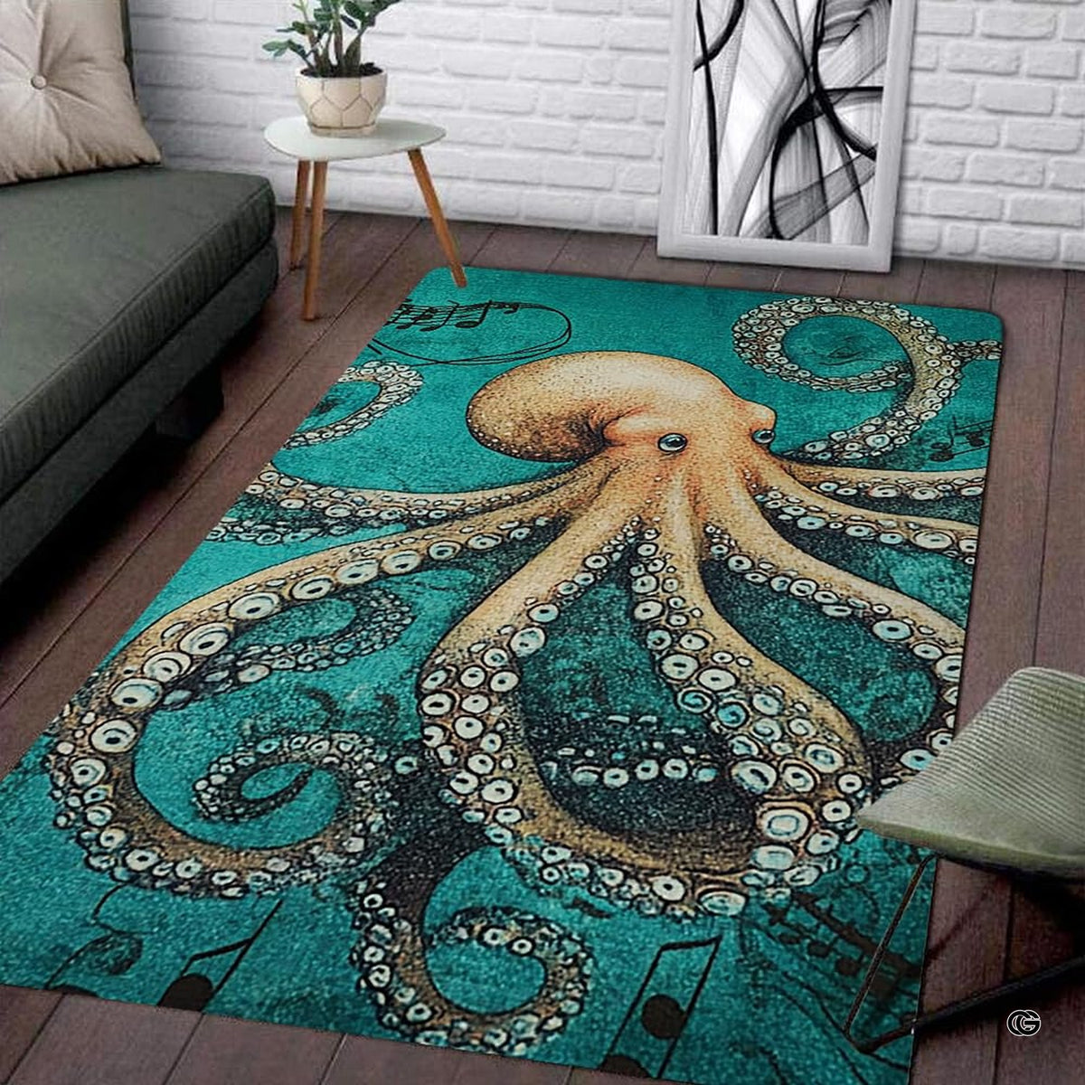Kraken sea floor creature area rug featuring swirling tentacles and musical notes on turquoise. - image 1 of 7