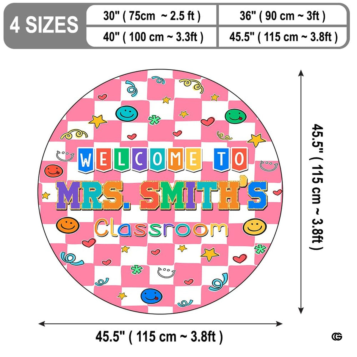 Overhead perspective of check round rug showcasing colorful star, heart, and smiley sketches.
