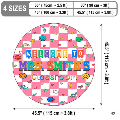 Overhead perspective of check round rug showcasing colorful star, heart, and smiley sketches. - thumbnail image 2 of 7