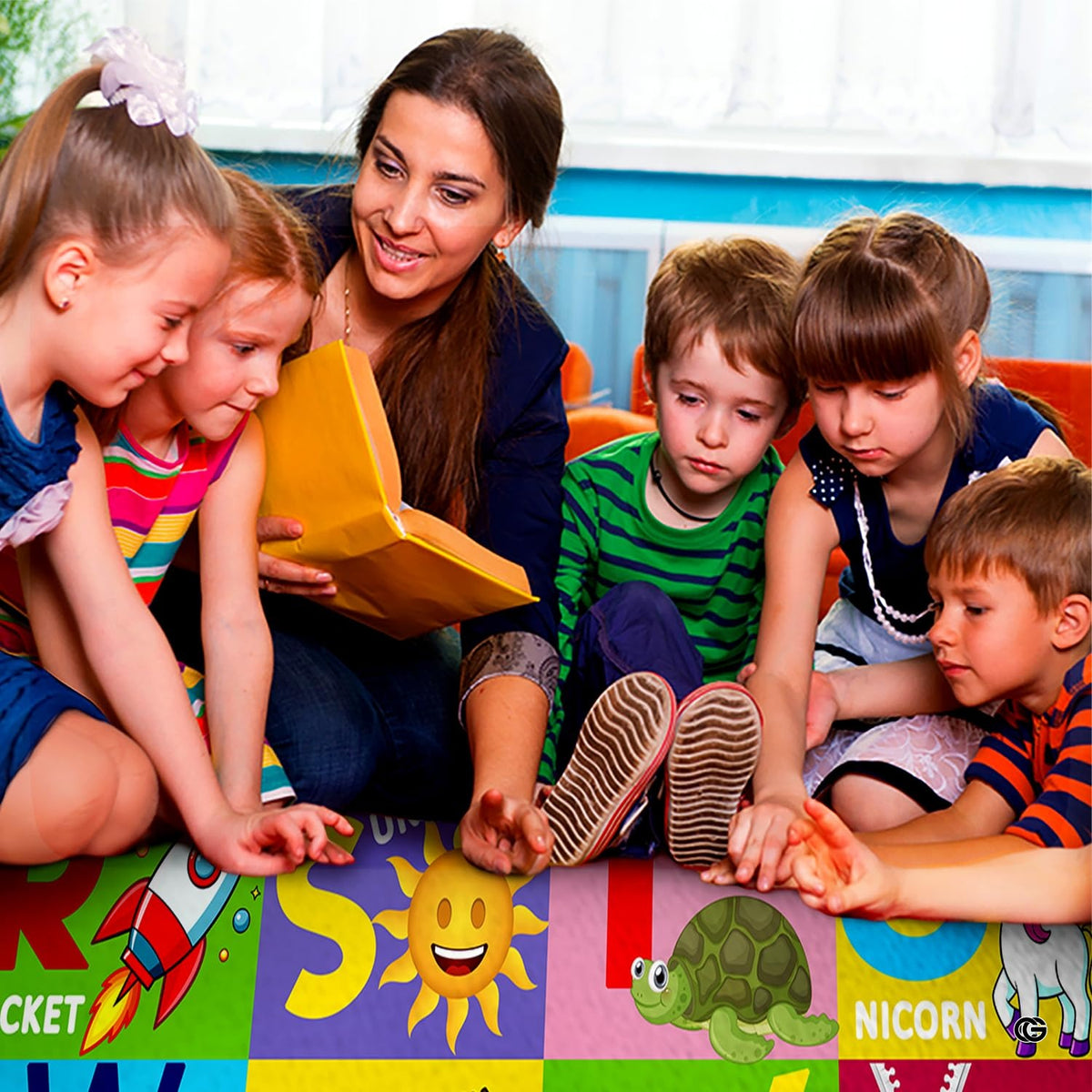 Alphabet learning rug styled beside light wooden playroom furniture and decorative creative accessories.