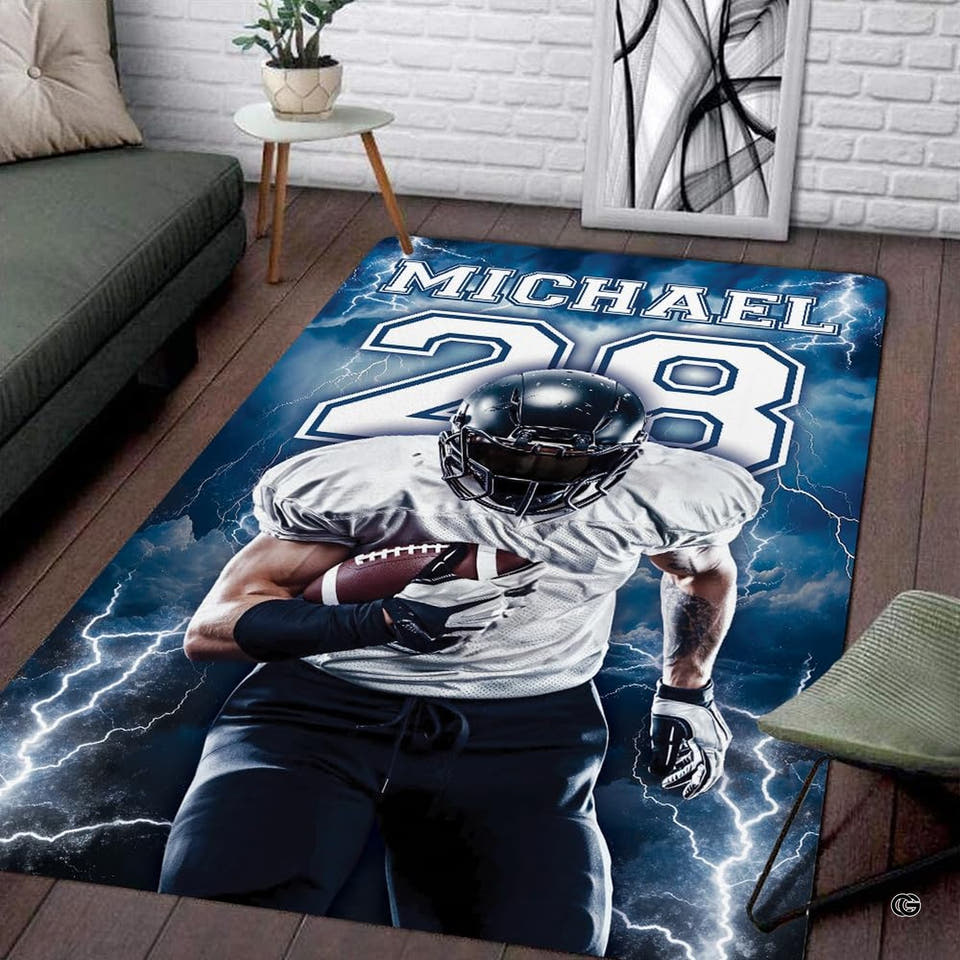 Football player area rug with lightning background and navy jersey artwork.