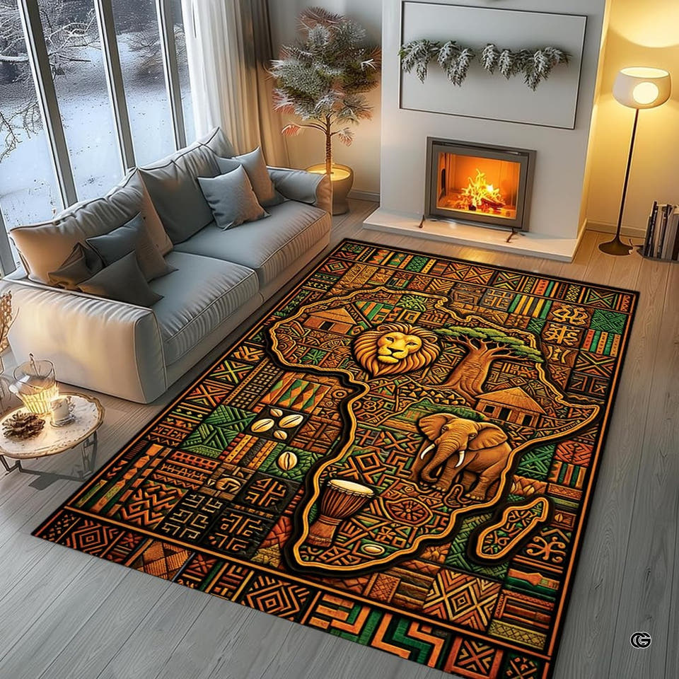 Tribal pattern rug displaying African map silhouette and wildlife motif in earth tones.