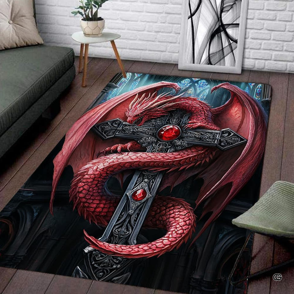Gothic red dragon coiled around a carved cross with rubies on an area rug.