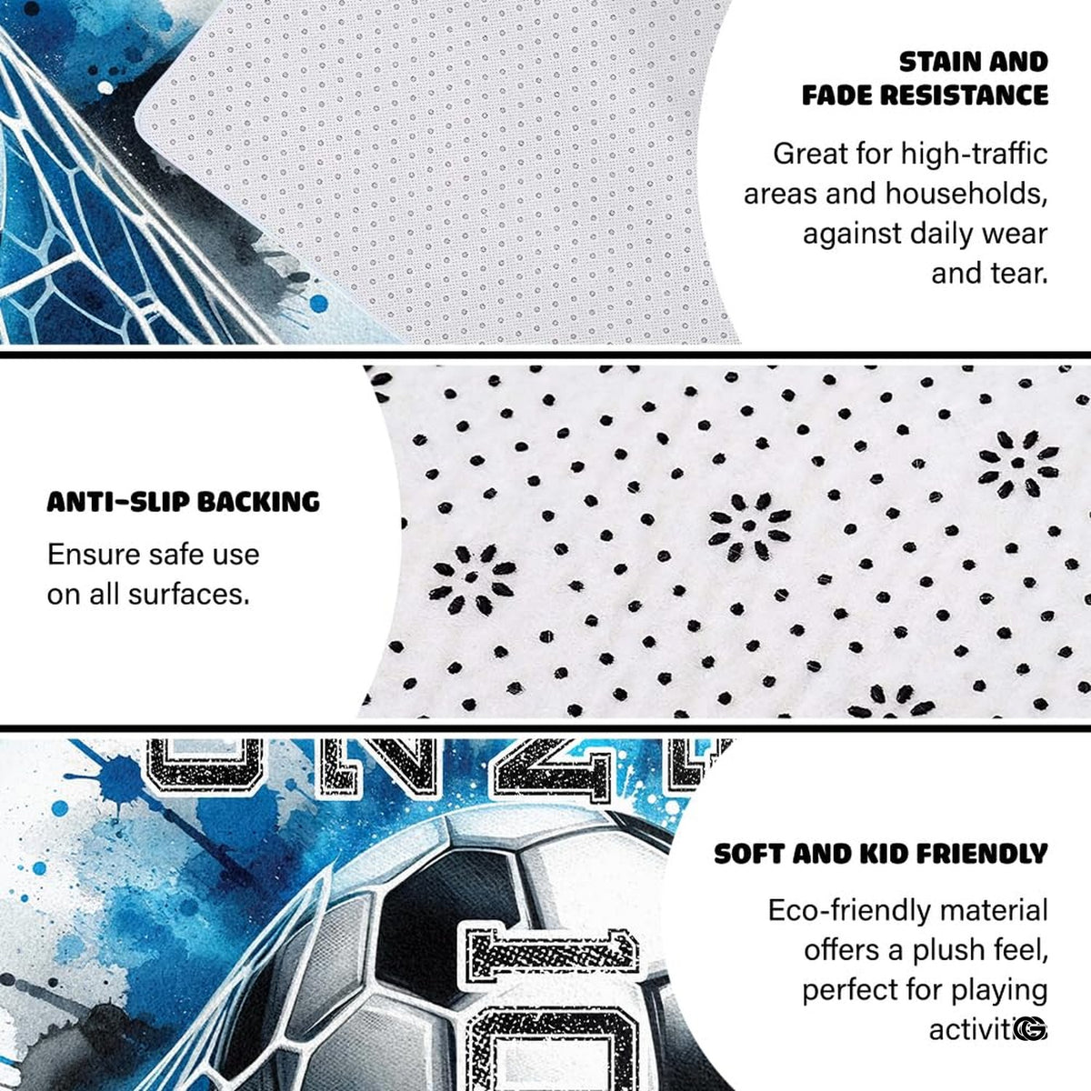 Overhead perspective of soccer goal area rug illustrating crisp net lines and dynamic black ink details. - image 4 of 8