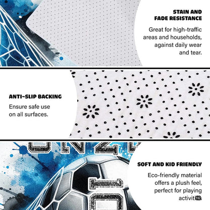 Overhead perspective of soccer goal area rug illustrating crisp net lines and dynamic black ink details. - thumbnail image 4 of 8
