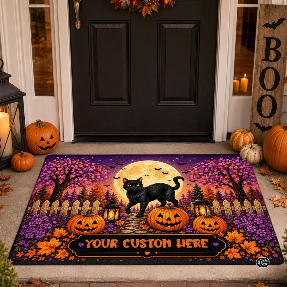 Halloween Door Mat Outdoor, Custom Spooky Welcome Mat with Black Cat and Pumpkin, Fall Front Door Mat for Porch Entryway Decor #4