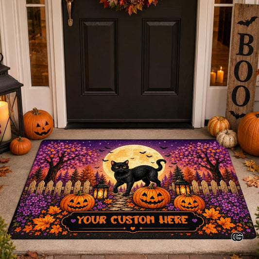 Halloween Door Mat Outdoor, Custom Spooky Welcome Mat with Black Cat and Pumpkin, Fall Front Door Mat for Porch Entryway Decor #4