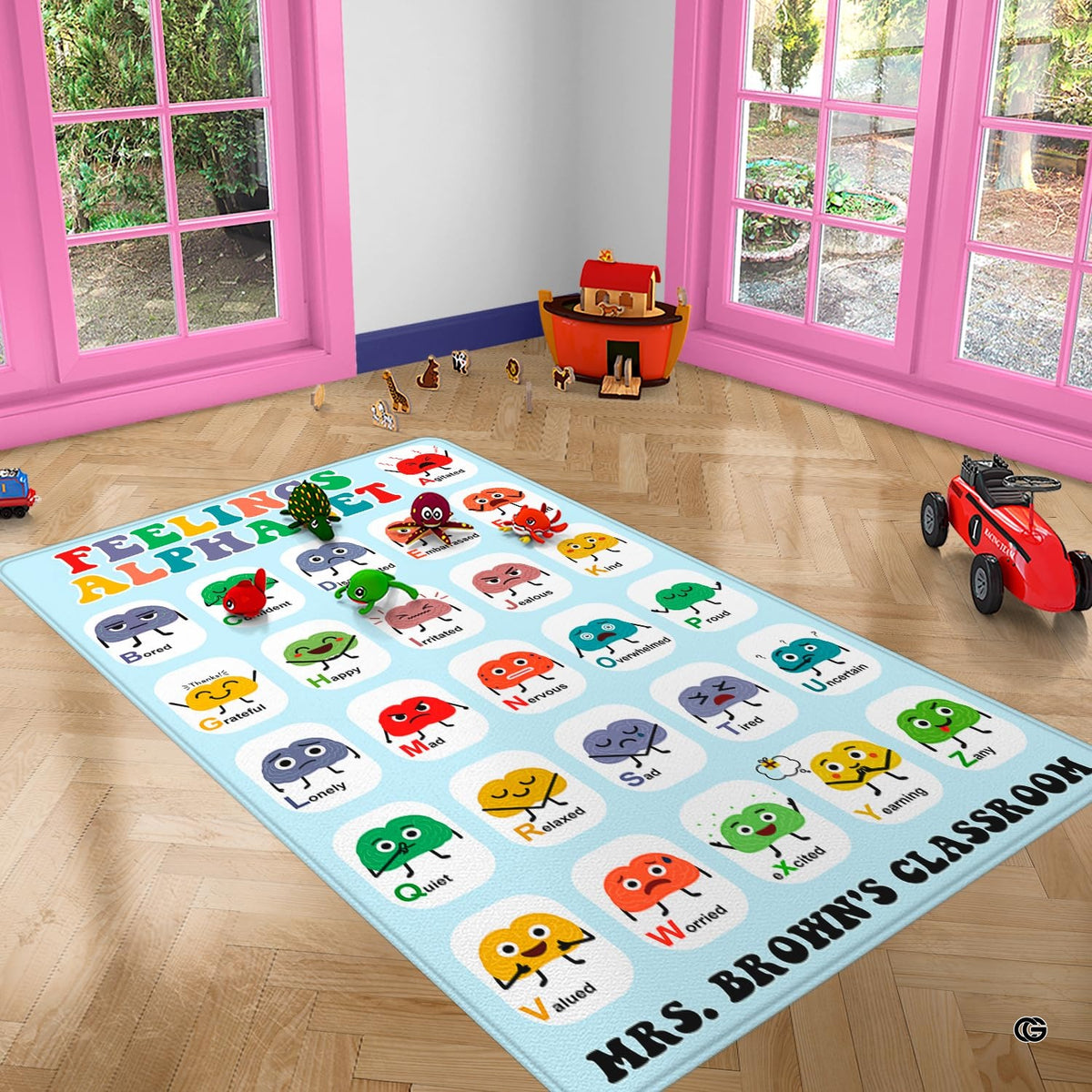 Closeup view of the soft microfiber surface and colorful alphabet emotion illustrations - image 3 of 8