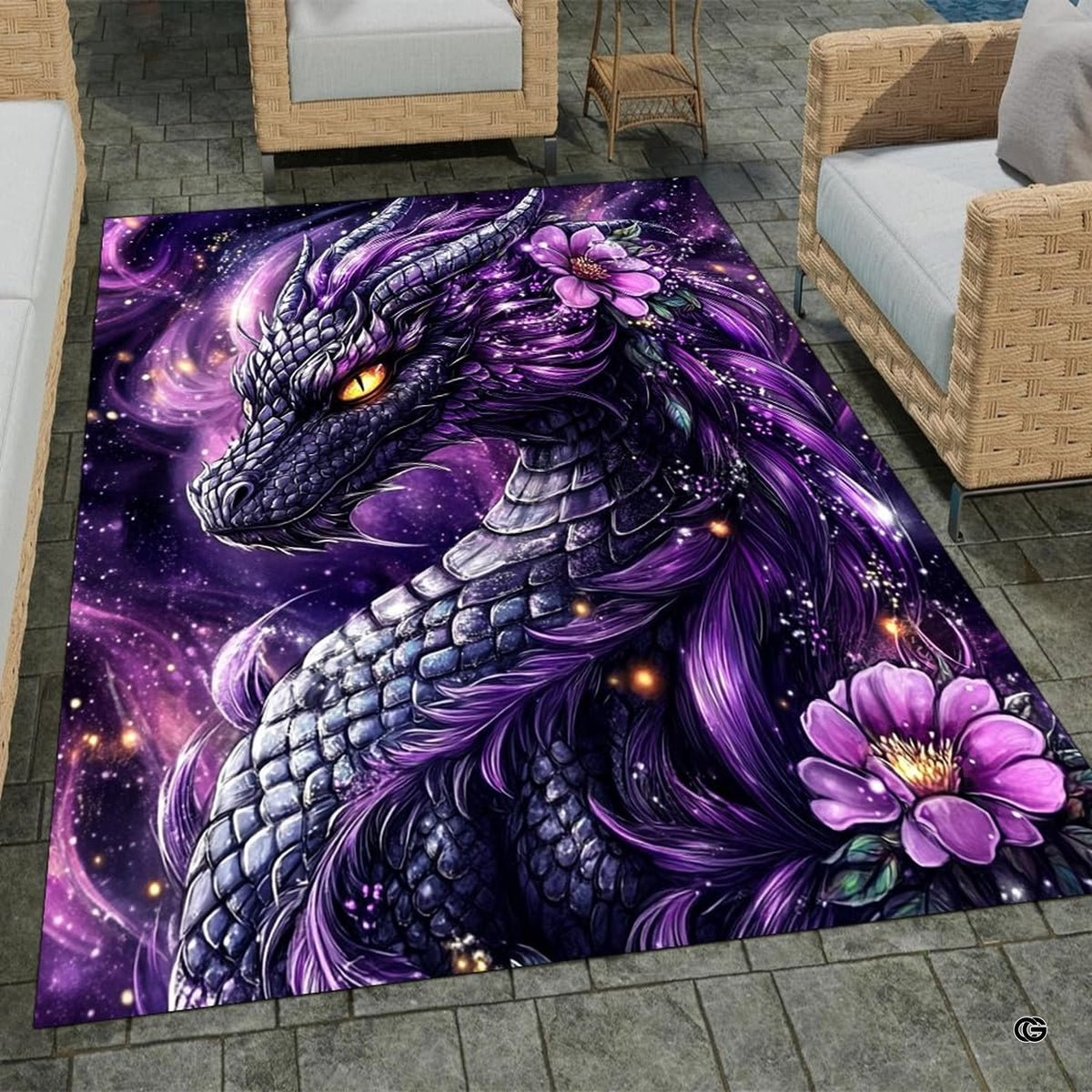 Stone patio setting featuring a mystical purple floral dragon cosmic fantasy area rug - image 1 of 8