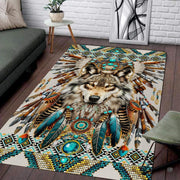 Living room setting featuring a native wolf headdress turquoise tribal boho area rug - thumbnail image 1 of 7