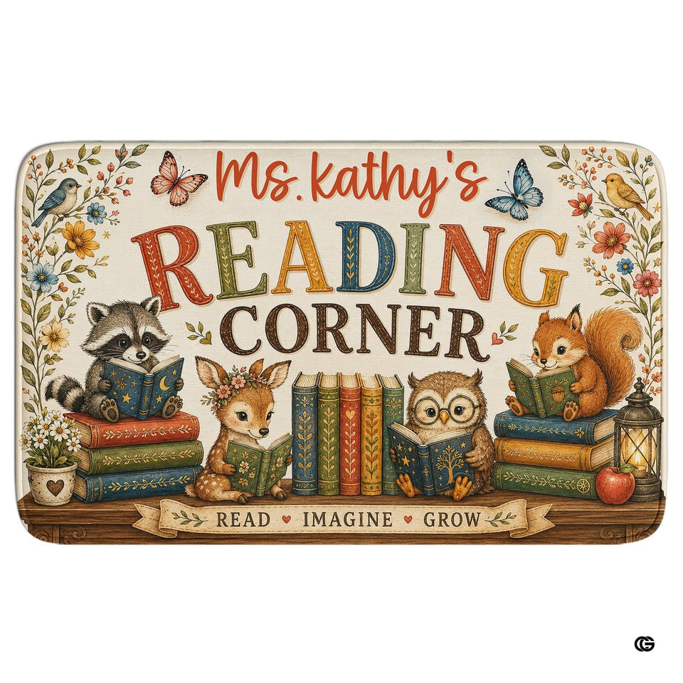 Woodland storybook classroom area rug with raccoon, fawn, owl, and squirrel thematic accent books on a wooden shelf.
