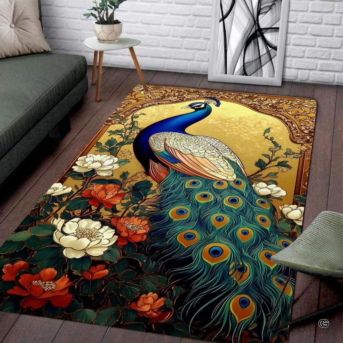 Vintage peacock area rug with vibrant blue neck and ornate plumage amidst blossoms.