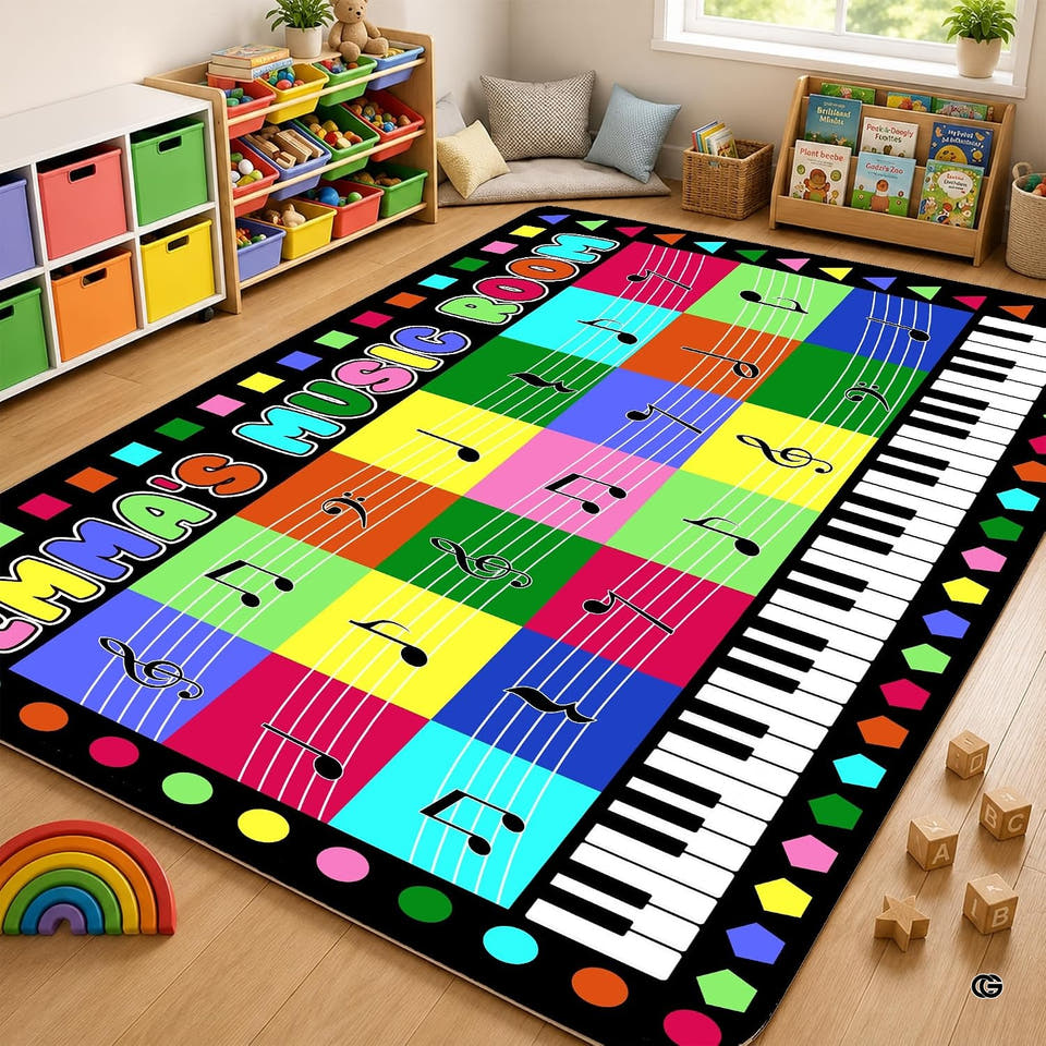 Colorful staff notation piano keyboard kids area rug - view 1