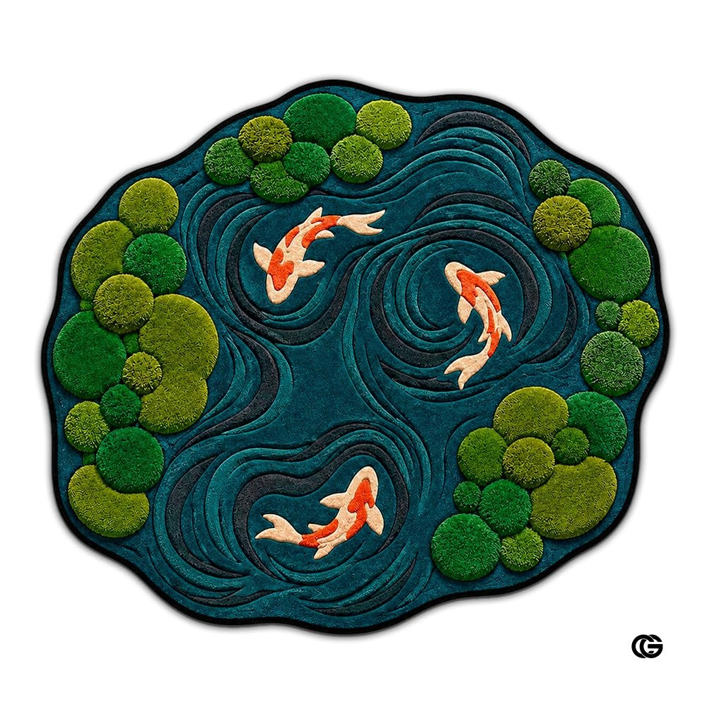 Custom Japanese Koi Fish Shaped Area Rug, Personalized 3D Optical Illusion Koi Pond Lotus Non Slip Washable Shaped Floor Mat, Fish Pond Rugs for Bedroom Living Room Decor (1, D8)