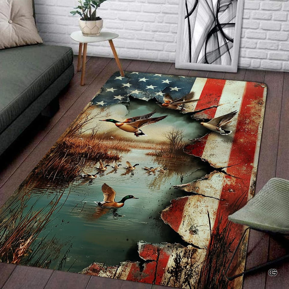 Mallard duck carpet featuring waterfowl over wetlands with rustic flag stripes.
