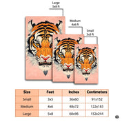 Dimensions and sizing chart for blush pink stylized tiger face area rug - thumbnail image 2 of 8